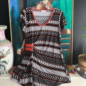 Y2K Striped and Polka Dot Dress with Orange Accents M